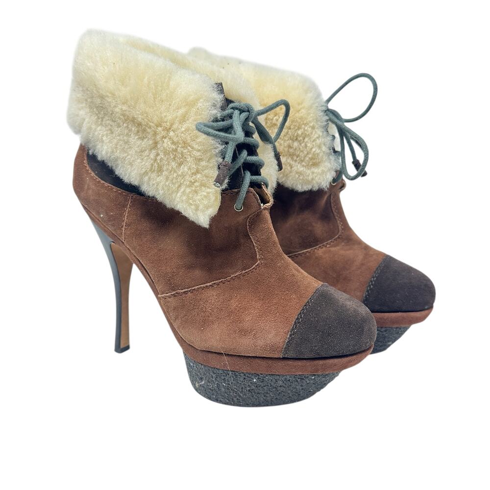 L.A.M.B Pier Booties Suede Shearling Platform‎ Boots High Heels Brown Size US 8